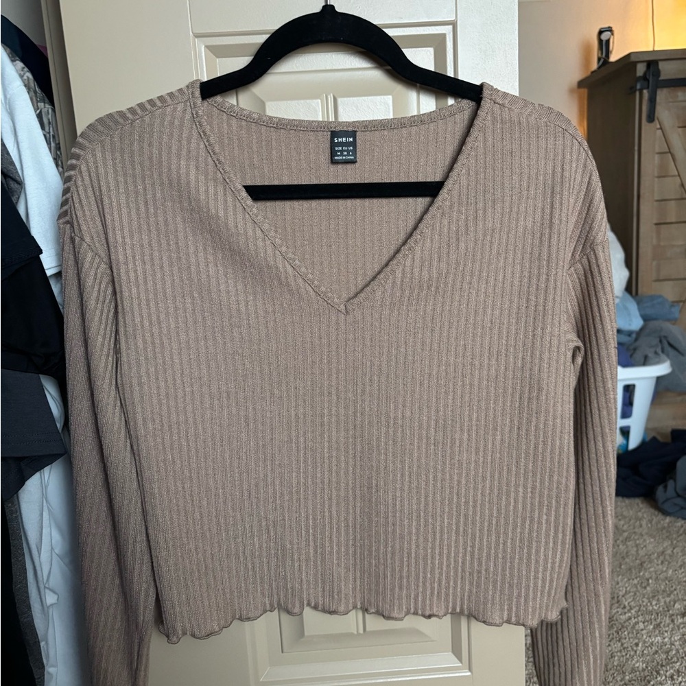 Women's V-Neck Ribbed Top - Tan